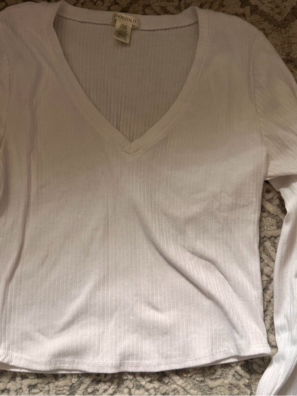 White Ribbed V-Neck Long Sleeve Top